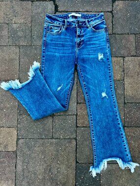 Hidden mid-rise cropped flare chewed hems jeans size 27